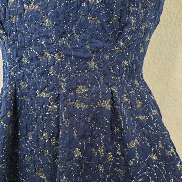 Eva Franco Navy Gold Metallic Peplum Blouse Size S - Picture 7 of 14